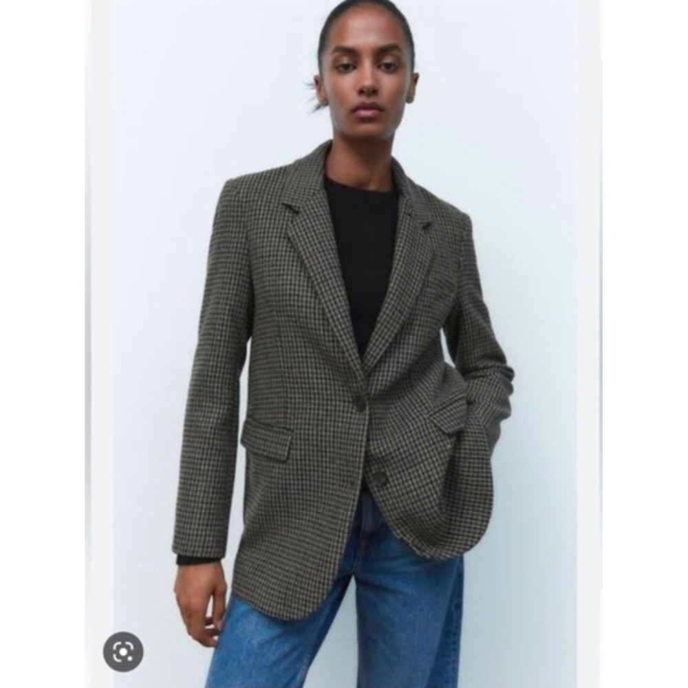 Zara Womens Wool Blend Houndstooth Blazer Oversize Boyfriend fit 2753/245 Size M
